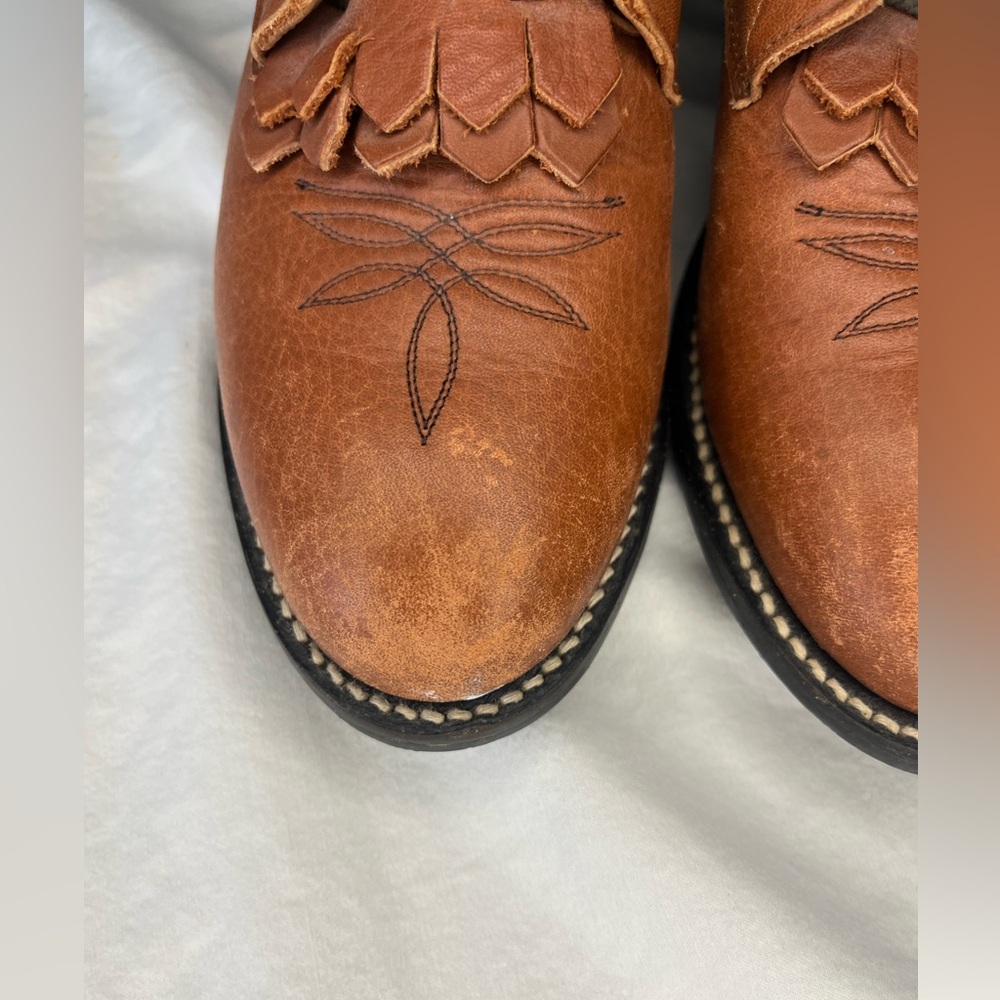 Western Tony Lama Tan Ol’ Buck Lace Up Tan Leather Ankle Boots Kiltie fringe ‘01 - Picture 5 of 16